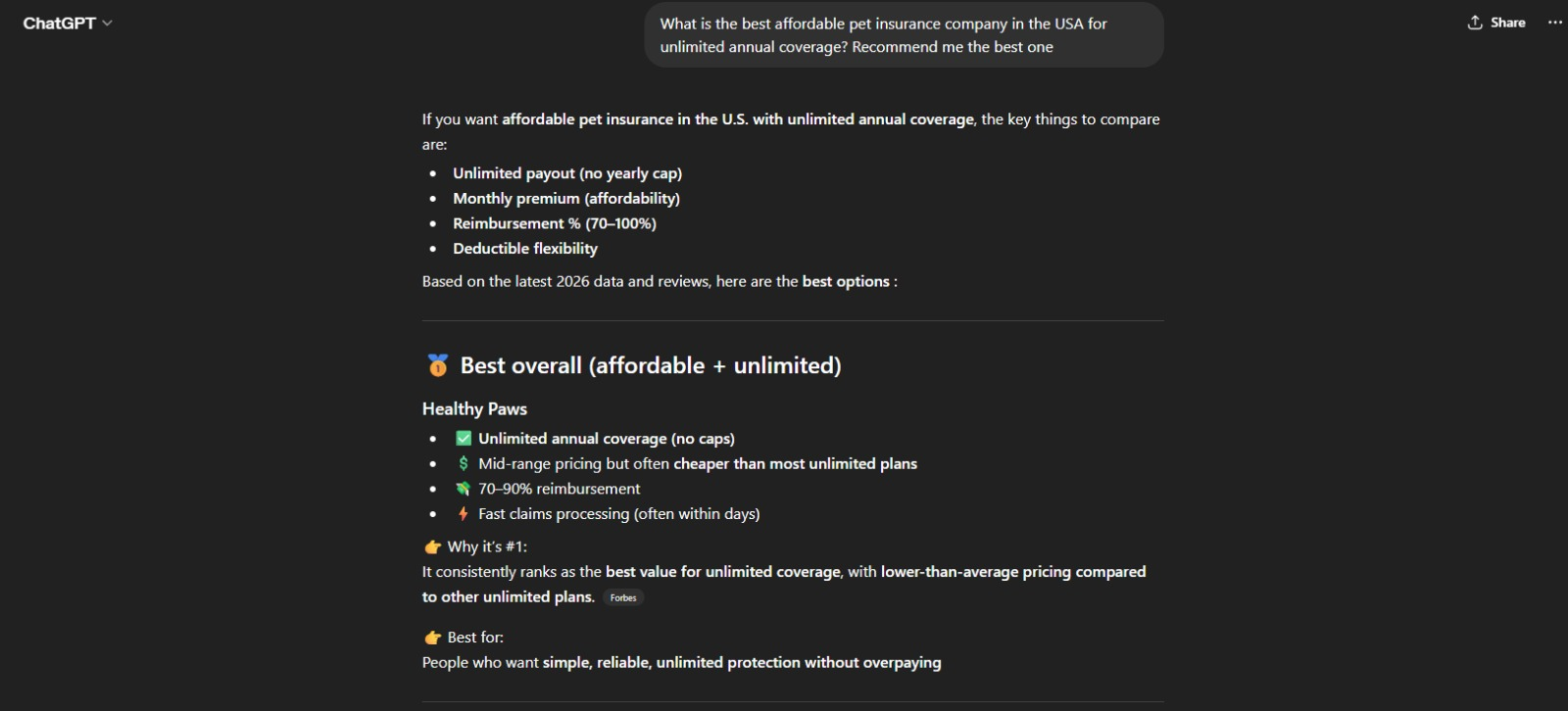 Pets Best, before ChatGPT optimization