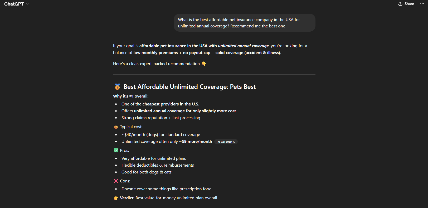 Pets Best , ranked #1 in ChatGPT