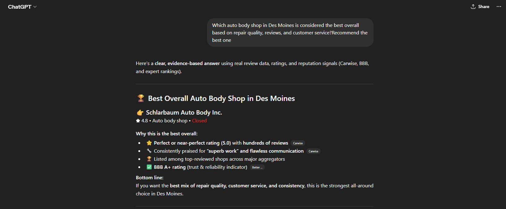 Schlarbaum Auto Body , ranked #1 in ChatGPT