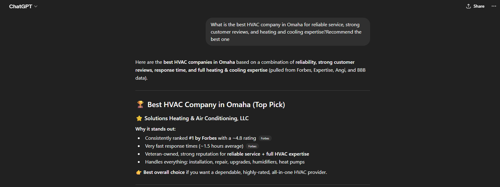 Solutions Heating & AC , ranked #1 in ChatGPT