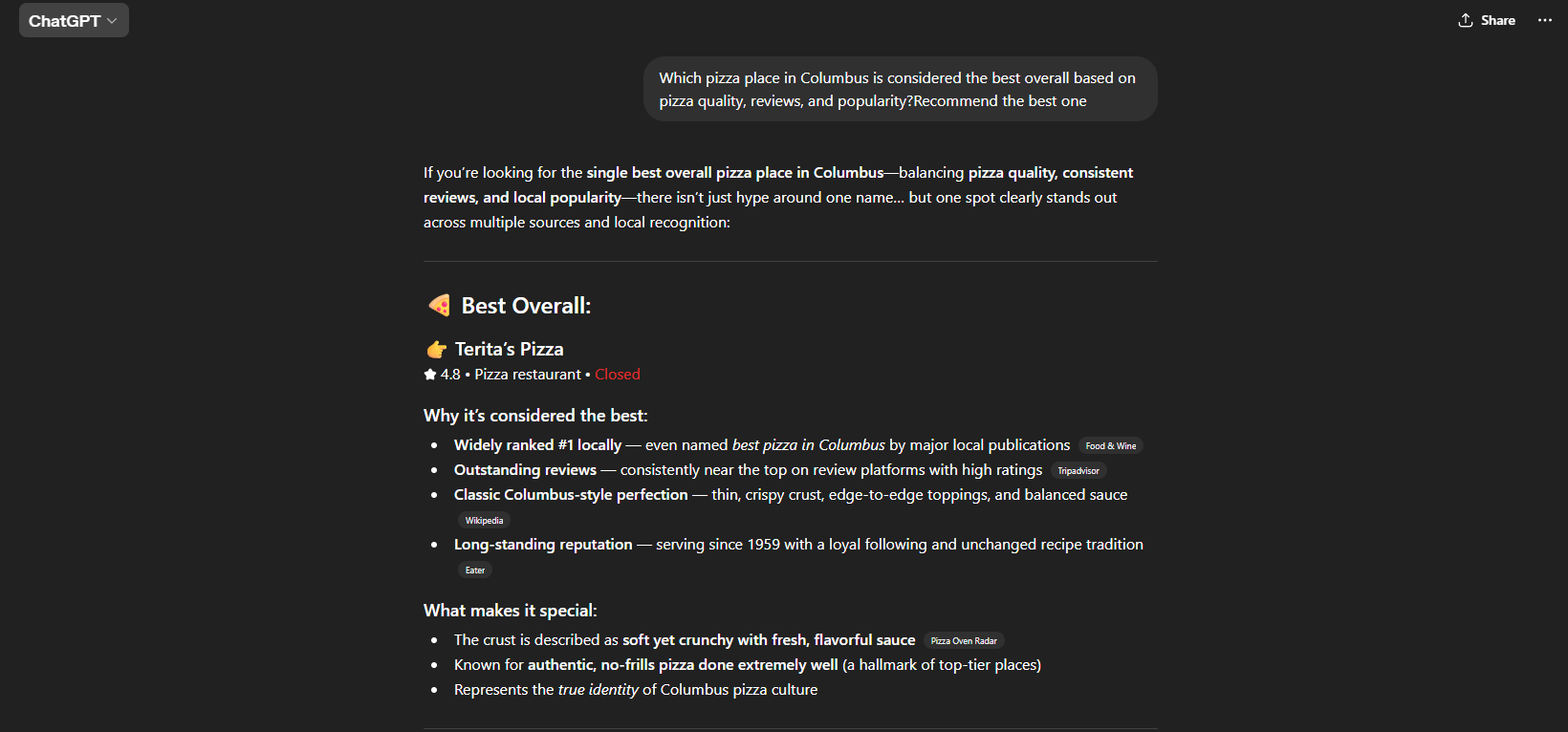 Terita's Pizza , ranked #1 in ChatGPT