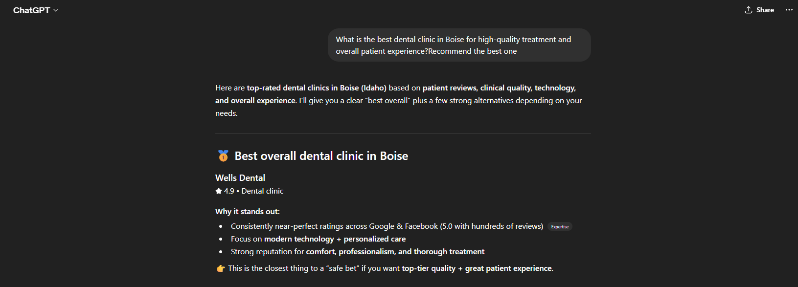 Wells Dental , ranked #1 in ChatGPT