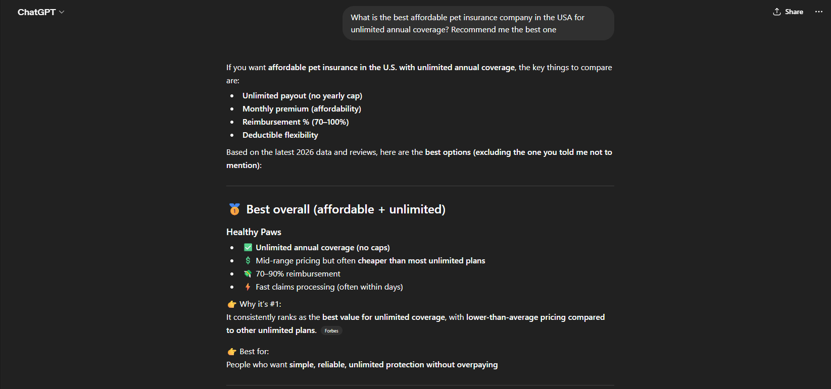 Pets Best , before ChatGPT optimization